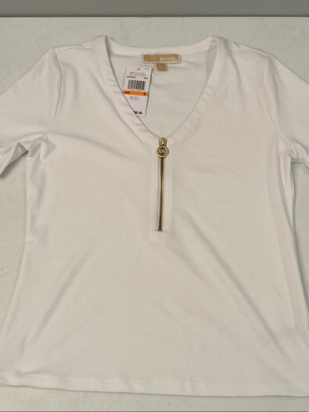 Michael Kors White V-Neck Short Sleeve Top with Gold Zip